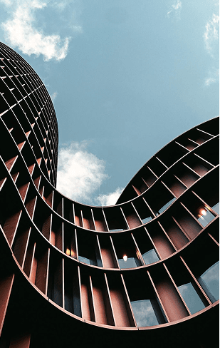 A curved facade seen from below