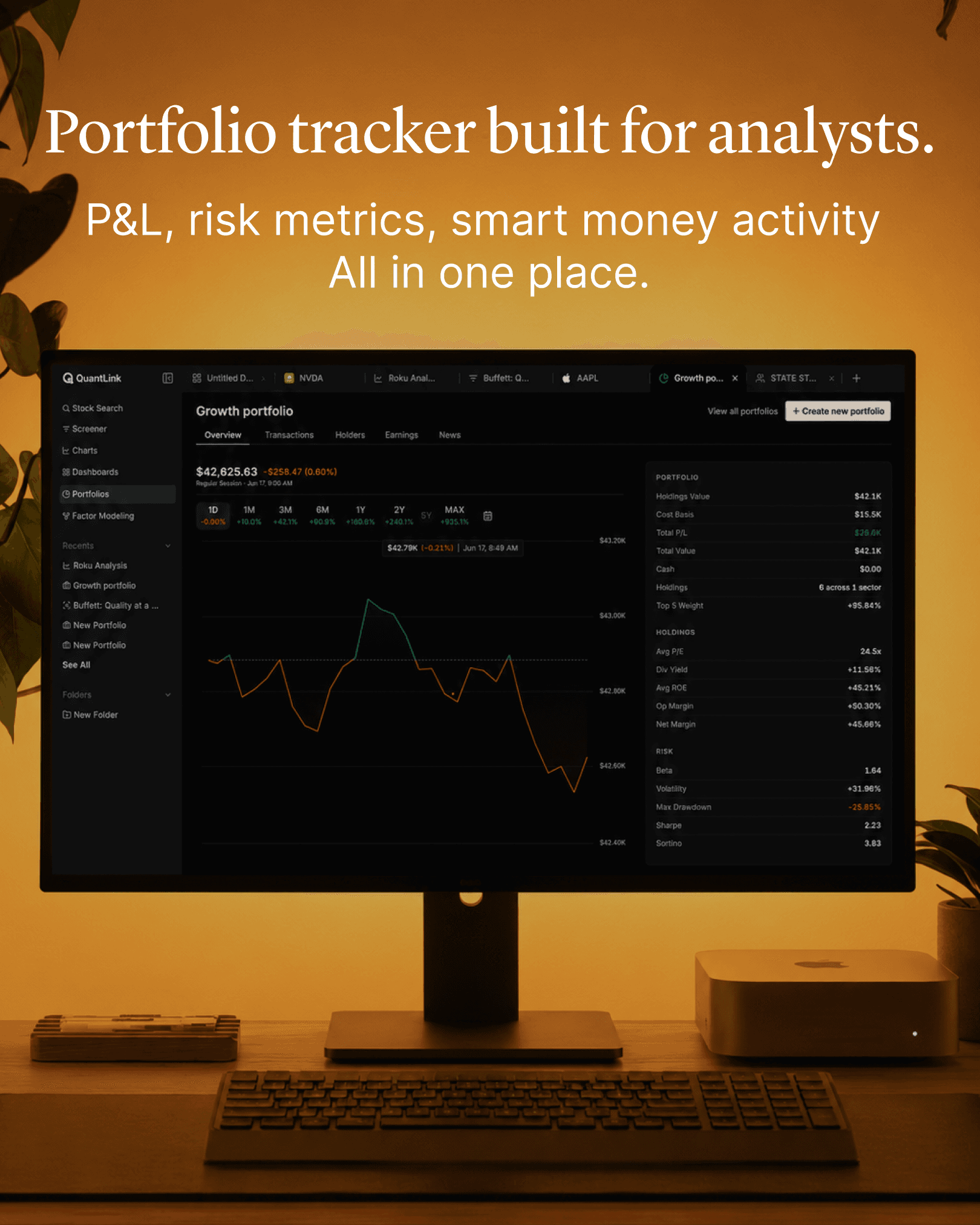 Launch poster: Portfolio tracker built for analysts — P&L, risk metrics and smart money activity in one place